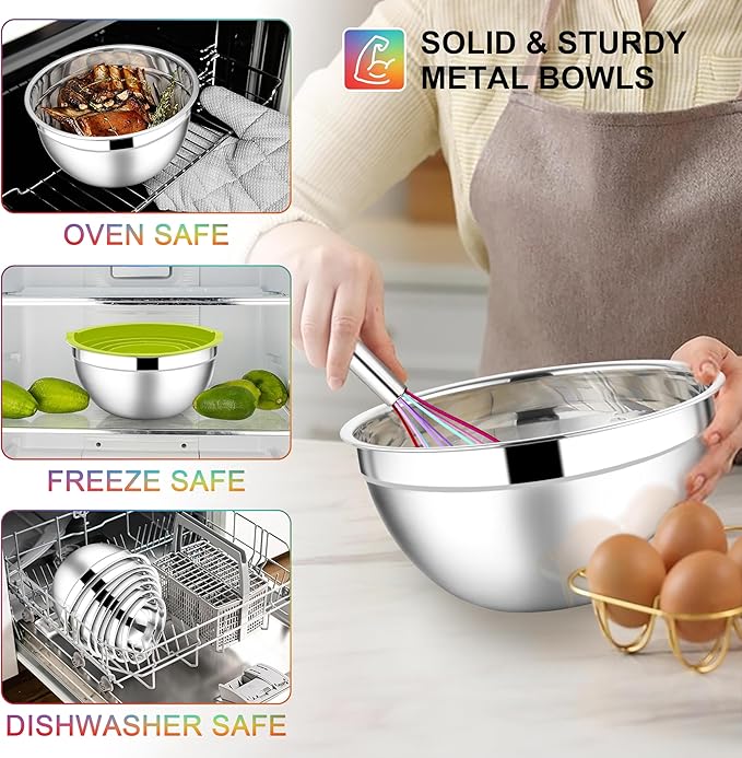 E-far Mixing Bowls with Lids Set, 7-Piece Stainless Steel Mixing Bowls with 3 - Image 6