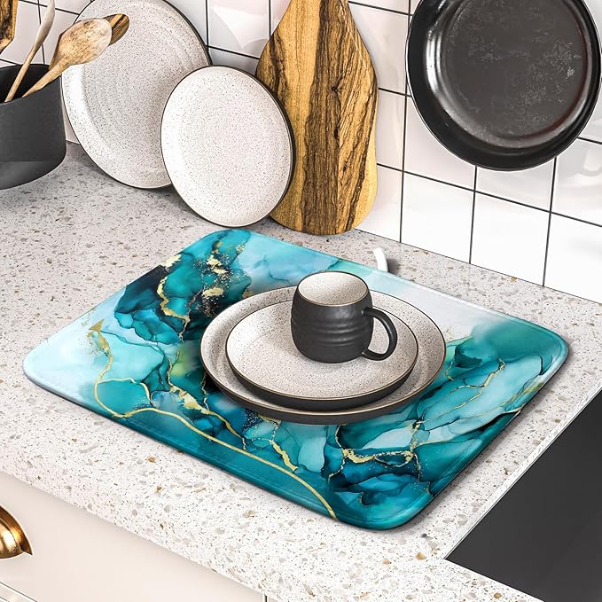 Giwawa Teal Marble Dish Drying Mat Turquoise Blue Marbling Print Dish Drainer - Image 5