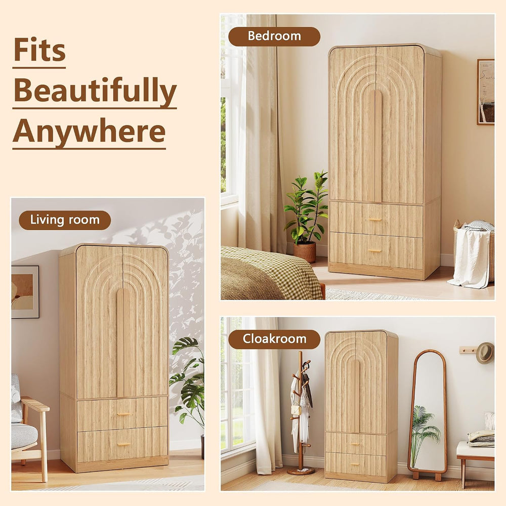 ORRD Freestanding Armoire Wardrobe Closet with Arched Fluted 2 Doors and 2 St...