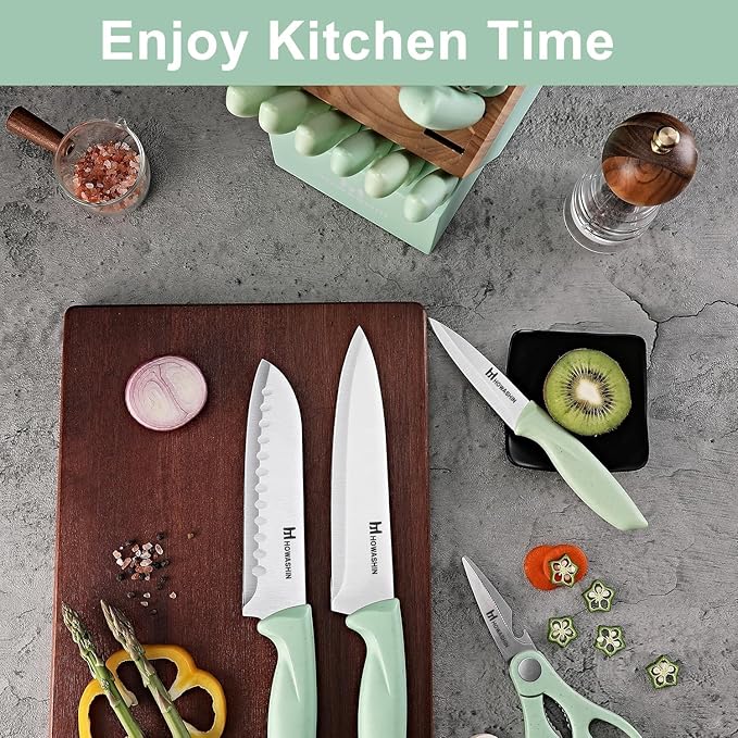 Green Knife Set, High Carbon German Stainless Steel Knife Block Set, Hand wash