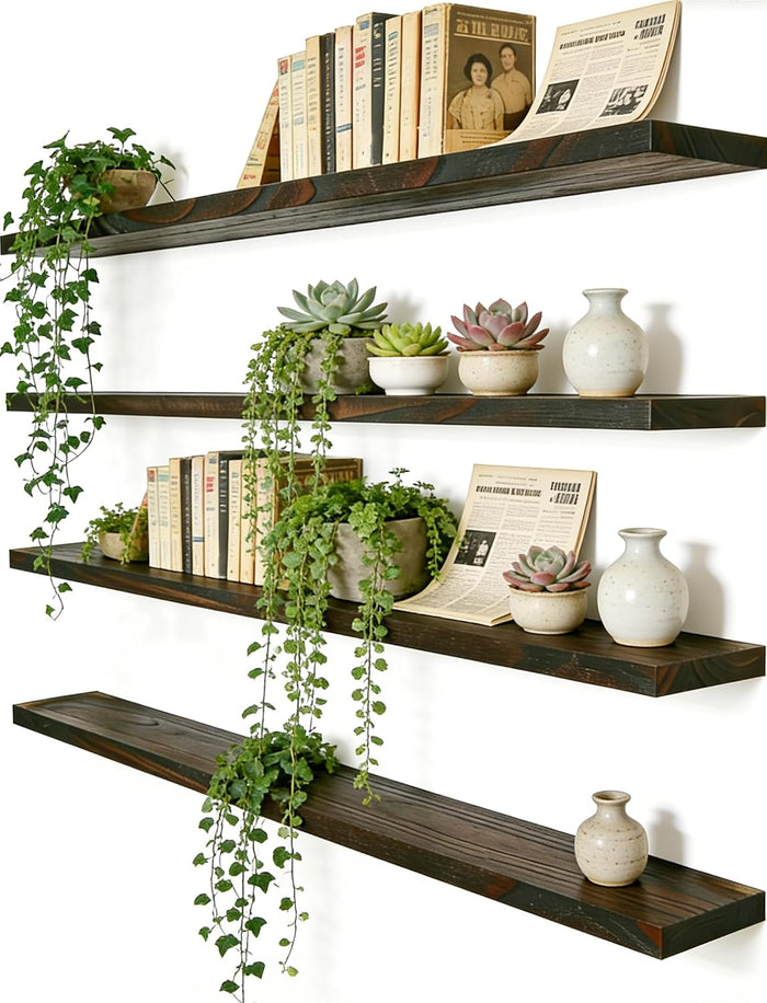 36 Inch Rustic Wood Floating Shelves Farmhouse Wooden Wall Shelves for Bathroom Bedroom Living Room Kitchen Office Set of 4 Brown