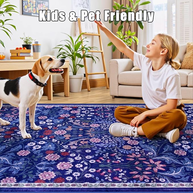 Area Rugs 9x12 Living Room: Floral Washable Rug Vintage Large Soft Boho - Image 7