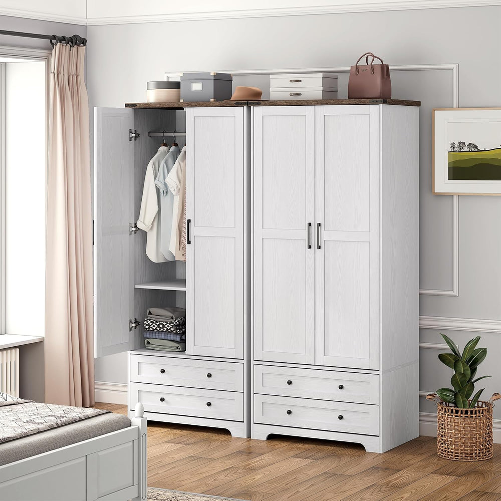 Brafab Wooden Armoire Wardrobe Closet with Drawers, White, Set of 2