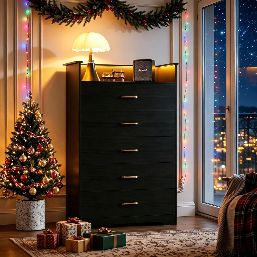 Garvee 5 Drawer Dresser with LED Light and Charging Station, Black