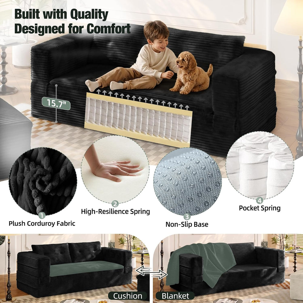 80'' Futon Sofa Bed King Size, Corduroy Boneless Couch Chaise, Black