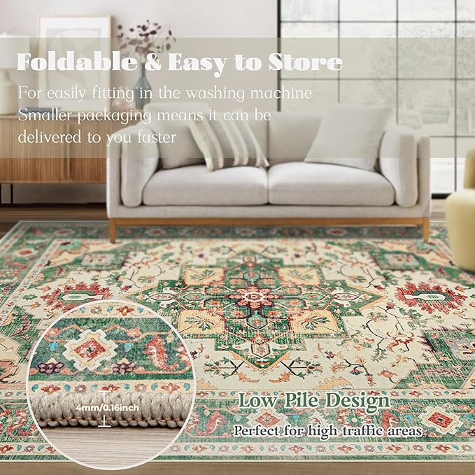 Area Rug 8x10 Washable Rug, Vintage Boho Medallion Rugs Non-Slip Soft Low Pile - Image 7
