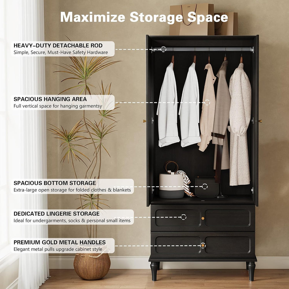 71" Wardrobe Closet Mid-Century Modern Style,Black