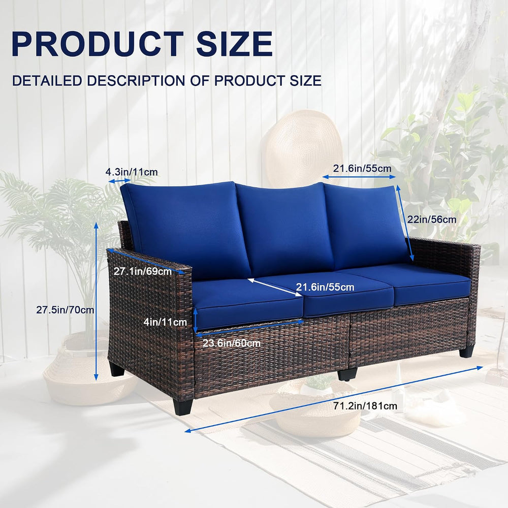 Outdoor Sofa, 3-Seat PE Rattan Couch, Blue