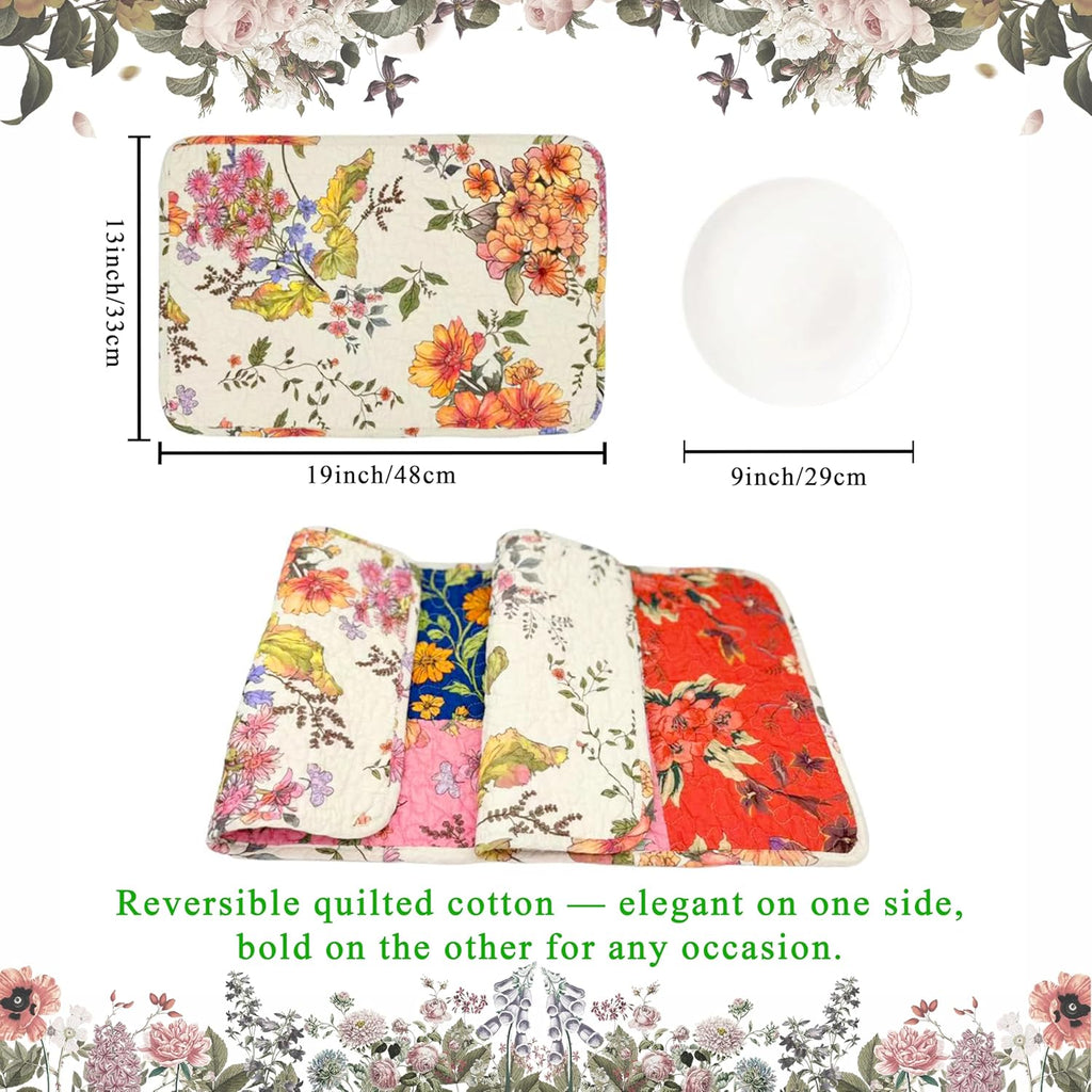4-Piece Floral Patchwork Quilted Placemats, Original | 13 x 19 inch, reversible quilted cotton, four distinctive designs, machine washable, gift-ready packaging