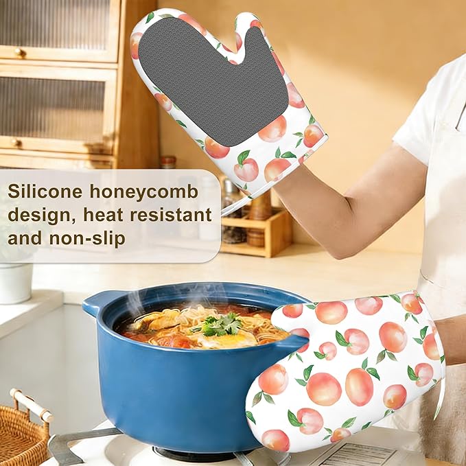 Watercolor Peaches Oven Mitts and Pot Holders Sets, Silicone Kitchen Mitts - Image 4