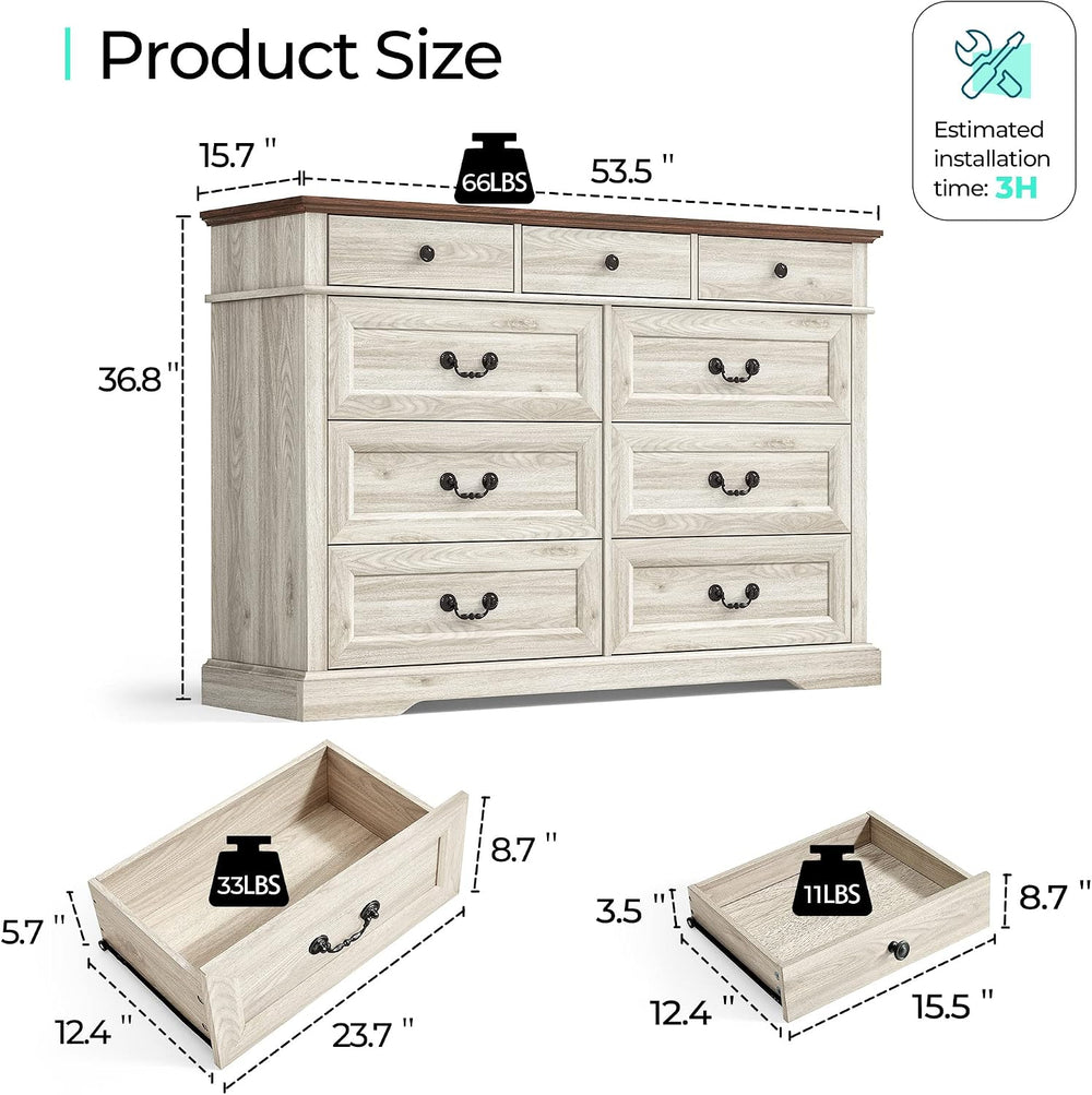 LINSY HOME Farmhouse 9-Drawer Dresser, Beige, for Bedroom