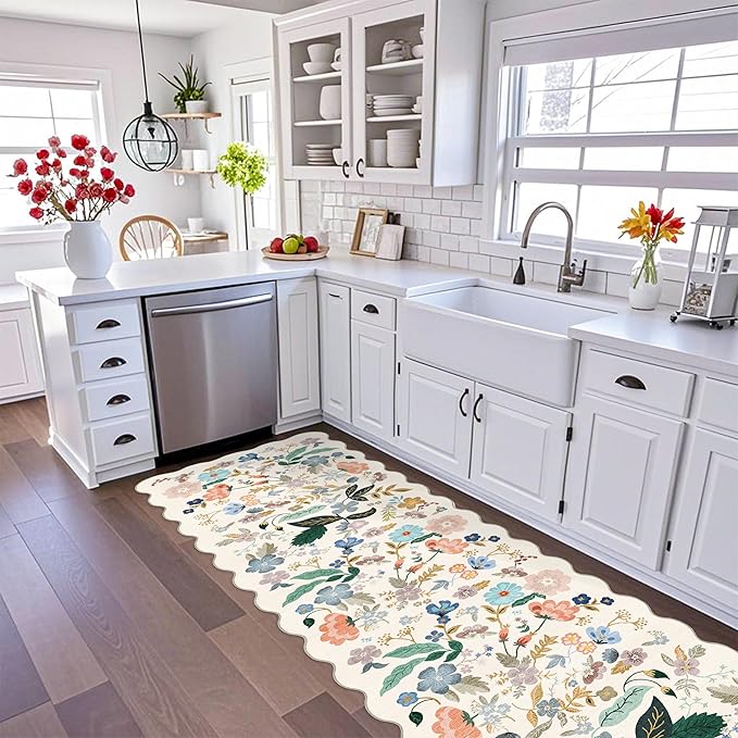 3x10 Washable Hallway Runner Rug: Long Floral Scalloped Soft Runners - Image 3