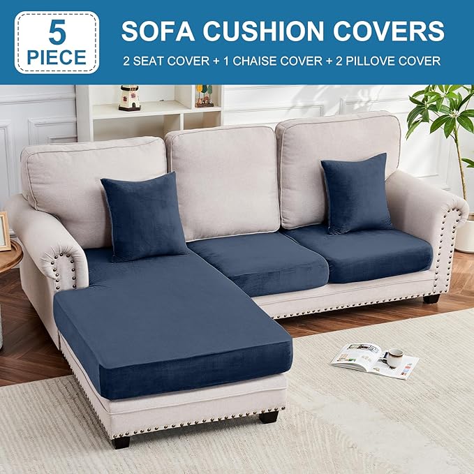Couch Cover 3-Piece Elastic Velvet Couch Cushion Covers & Chaise Slipcovers