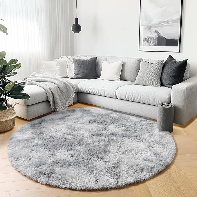 ONASAR Tie-Dyed Light Grey Round Area Rugs 6ft, Ultra Soft Bedroom Circle Rug - Image 4