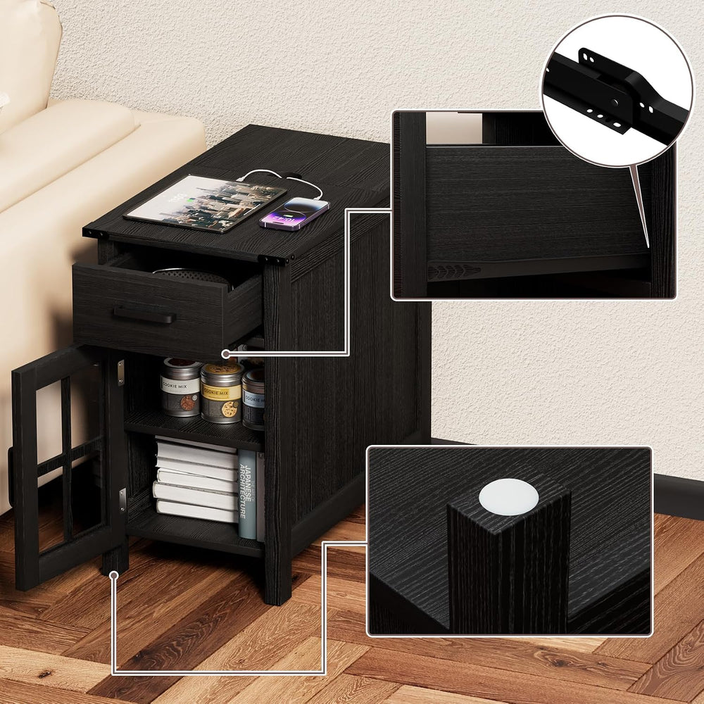 Farmhouse End Table with Charging Station, Narrow Side Table for Living Room,...