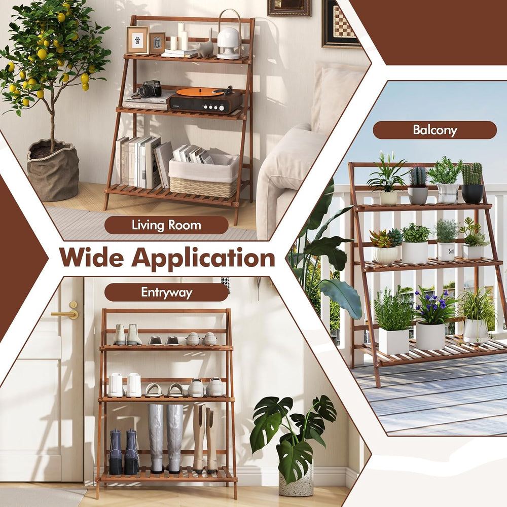 COSTWAY Bamboo Plant Stand, Foldable Multifunctional Flower Display Ladder Sh...