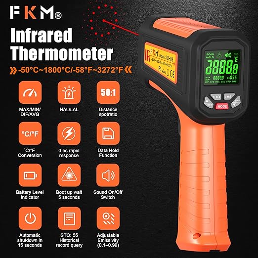 50:1-58°F ~3272°F FKM Infrared Thermometer High Temperature Gun, Non Contact - Image 2