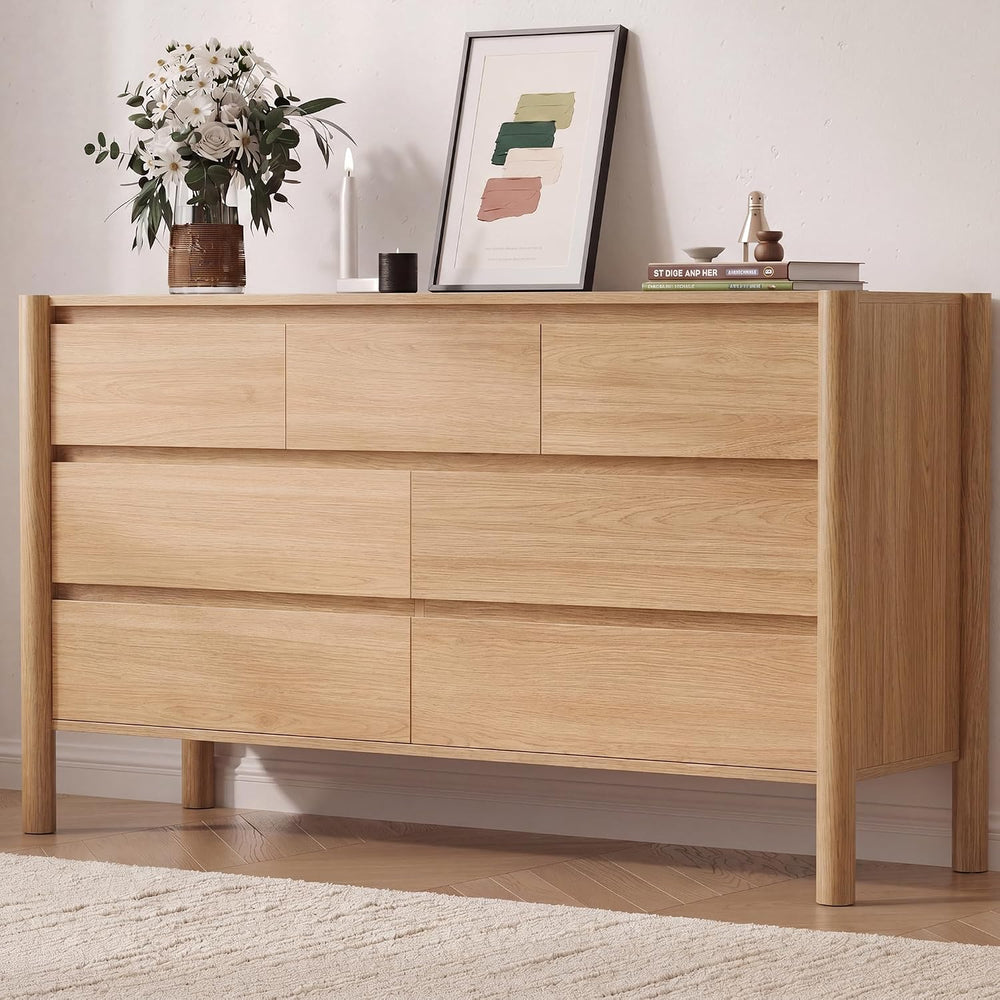 51.1" Wide Oak 7 Drawer Dresser for Bedroom with Solid Wood Legs
