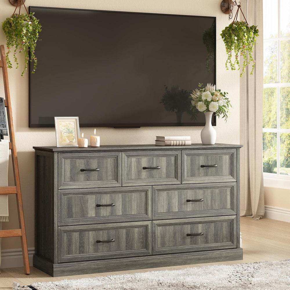 Farmhouse 7 Drawer Dresser for Bedroom, 55" Grey Dresser with TV Stand
