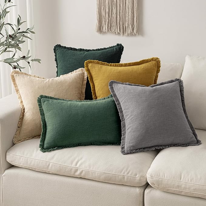 MIULEE Decorative Throw Pillow Covers Neutral Linen Fringe Throw Pillows Set of - Image 6