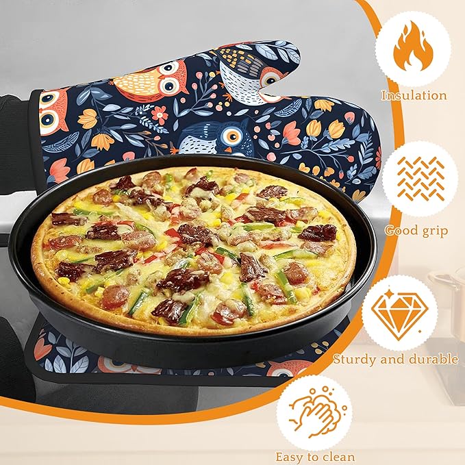 Colorful Cute Owl Oven Mitts and Pot Holders, Heat Resistant Oven Mitts Gloves - Image 4
