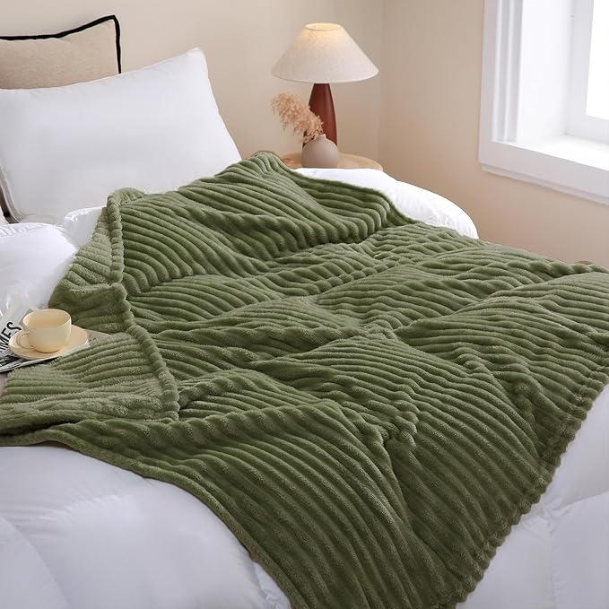 Olive Green Fleece Throw Blanket 90”×90” by linecooo