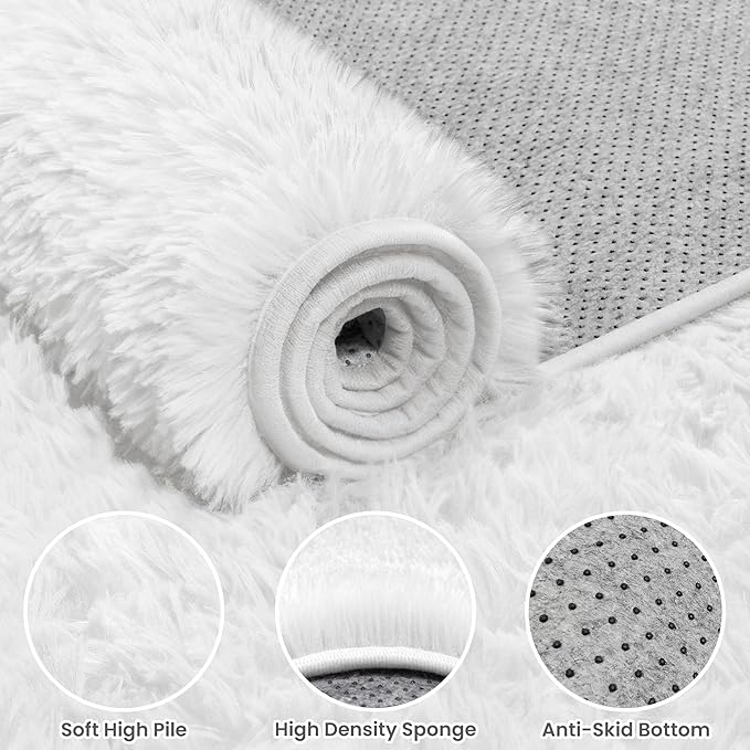 2x6 Bedside Area Rugs for Bedroom: Soft Fluffy Shag White Rug for Hallway - Image 5