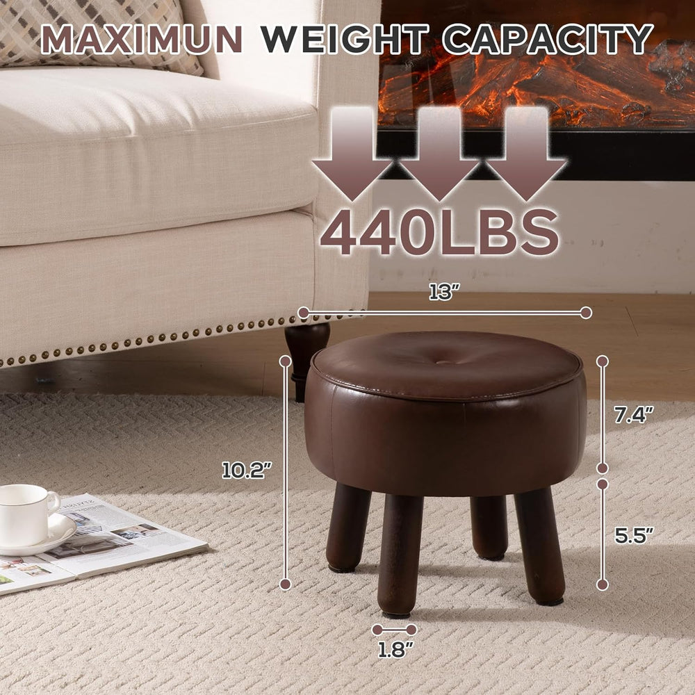 Small 13" Foot Stool Ottoman, Round Pouf Foot Rest, Faux Leather Footsto...