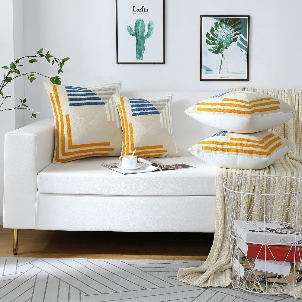 Yellow Blue Modern Tufted Embroidered Pillow Covers 18x18 Set of 2
