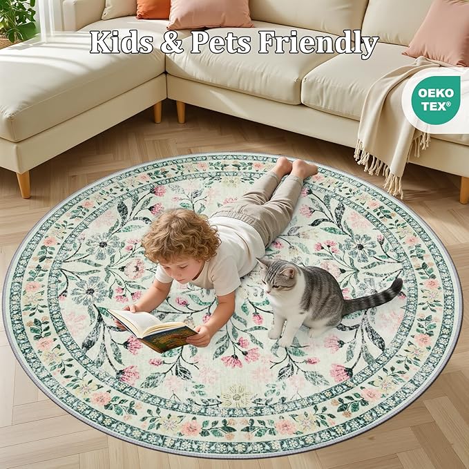 Round Area Rug for Living Room: 6 ft Floral Washable Circle Rug Soft Non-Slip - Image 8