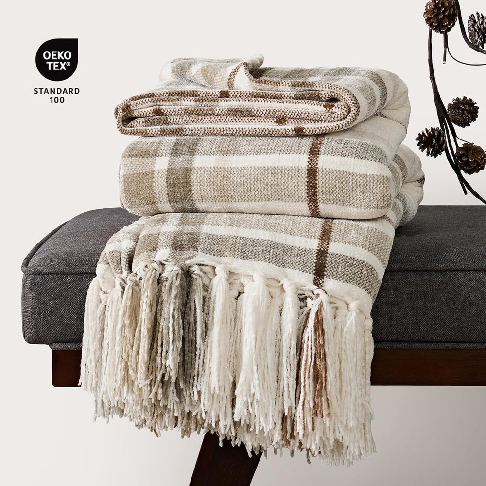 EverGrace Plaid Chenille Knit Throw Blanket for Couch, 50"x60", Beige