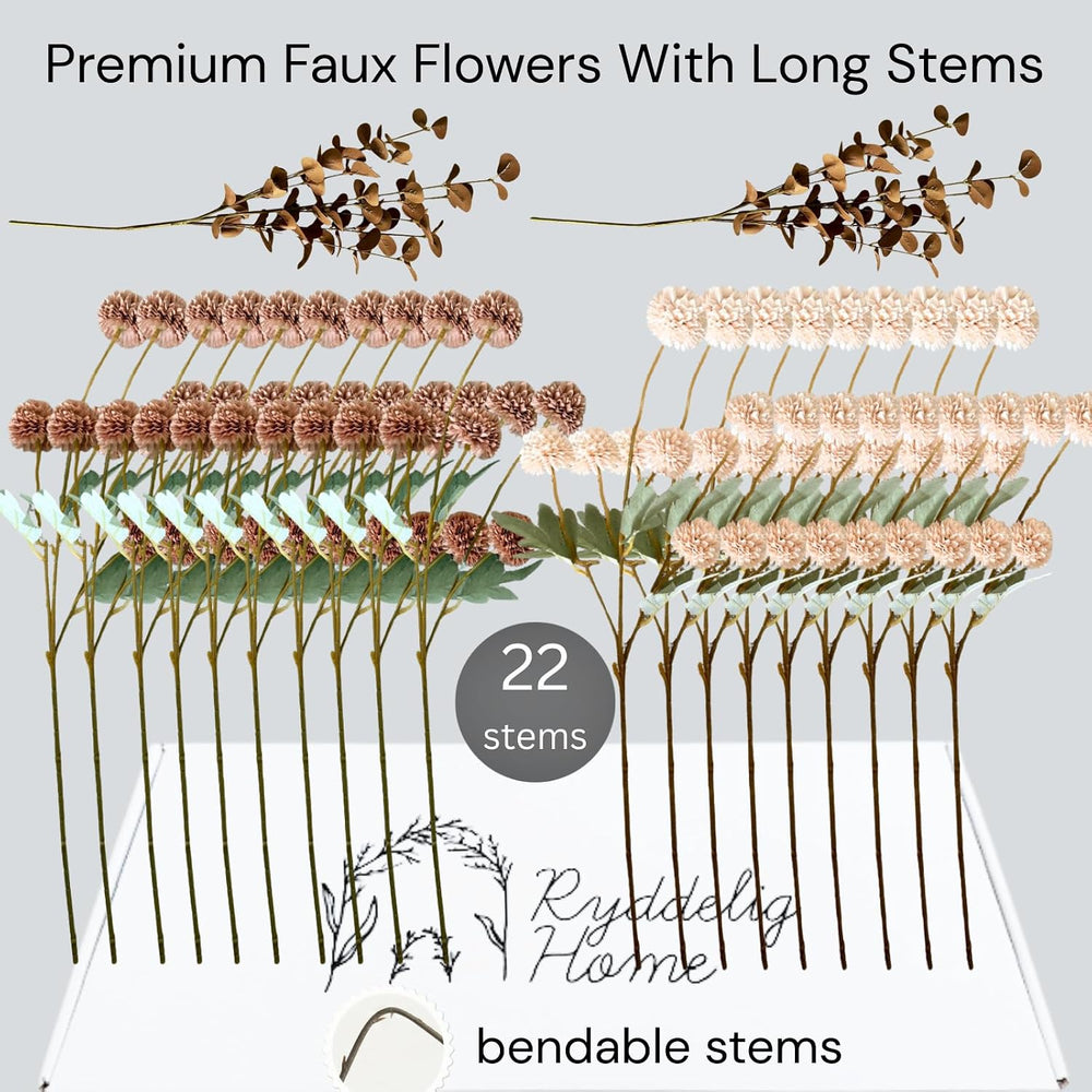 22pcs Artificial Beige & Brown Kiku Flowers with Eucalyptus Stems Bulk, F...
