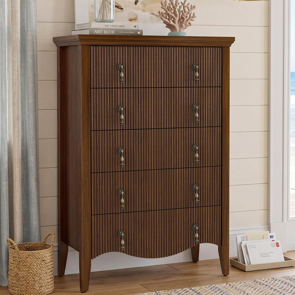 senlin 47‘’ 5 Drawer Fluted Dresser,Vintage Tall Chest of Drawers,Walnut