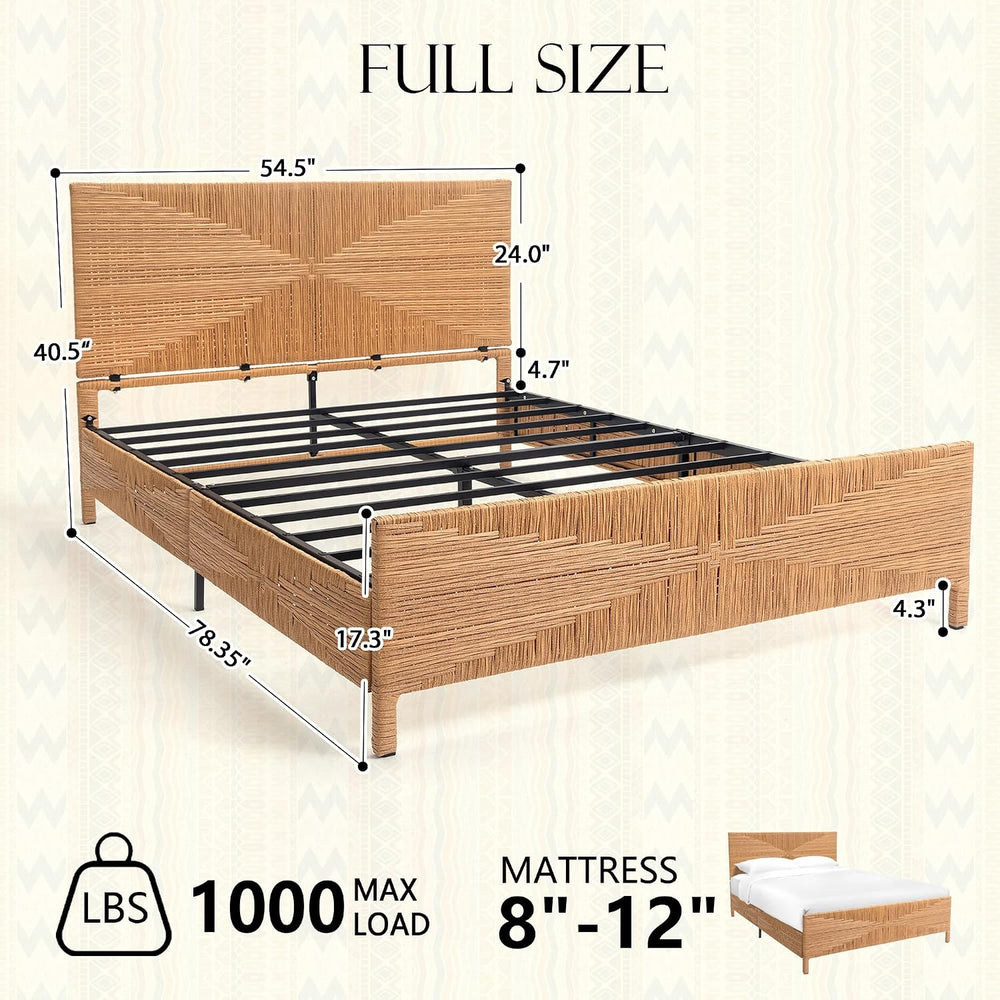 Boho Full Bed Frame with Headboard and Footboard, Hand-Woven Rattan Mid Centu...