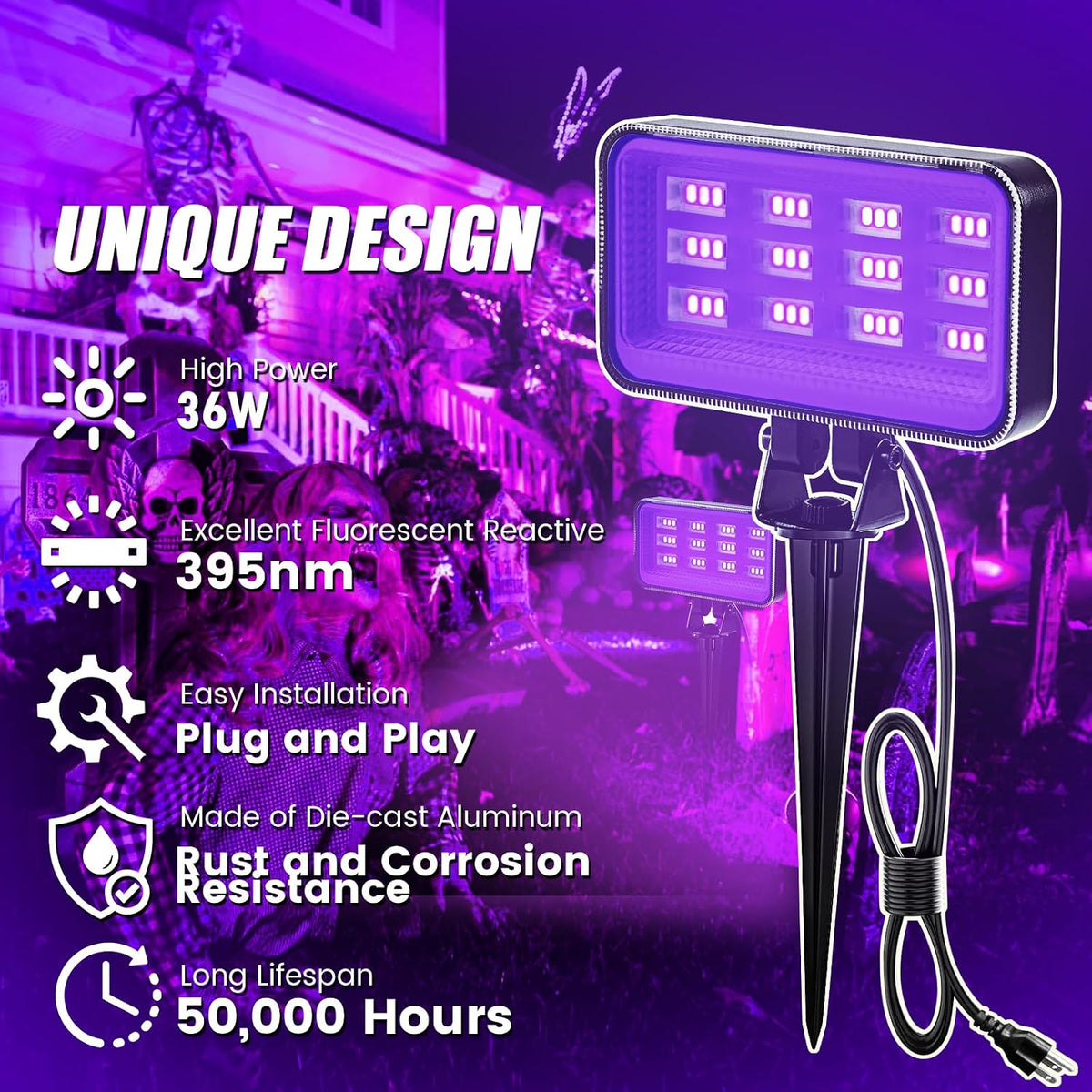 36W Halloween Black Light Spotlight Outdoor - High Power LED Outdoor Black Light Spot Lights IP66 Waterproof Blacklight Spotlight 395nm Blacklight Spot Lights with Plug for Glow Party (2 Pack)