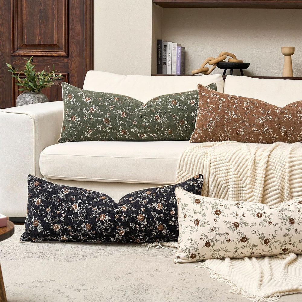 Fall Flower Lumbar Throw Pillow Cover 14x36 Inch Beige Vintage Floral Farmhou...