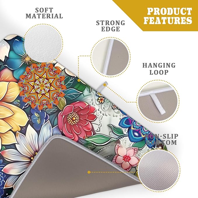 Boho Floral Dish Drying Mat for Kitchen Counter 16x18 Inch Boho Blooming Flower - Image 4