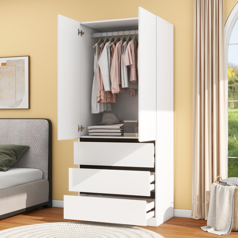 White Armoire Wardrobe Closet with 3 Drawers: 75" H x 31.5" W