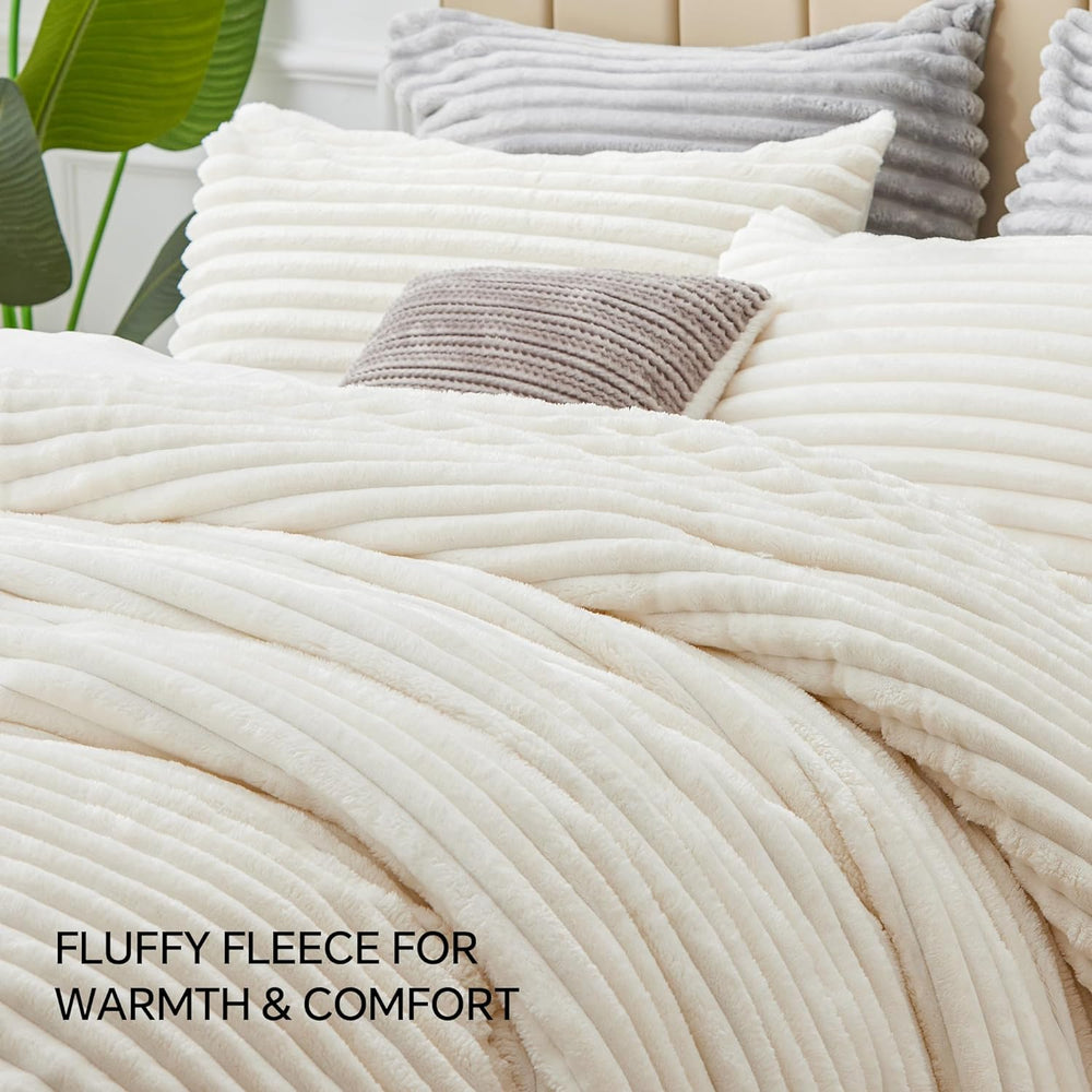 BEDELITE Fleece Queen Comforter Set, Fluffy Bed Set, Cream White