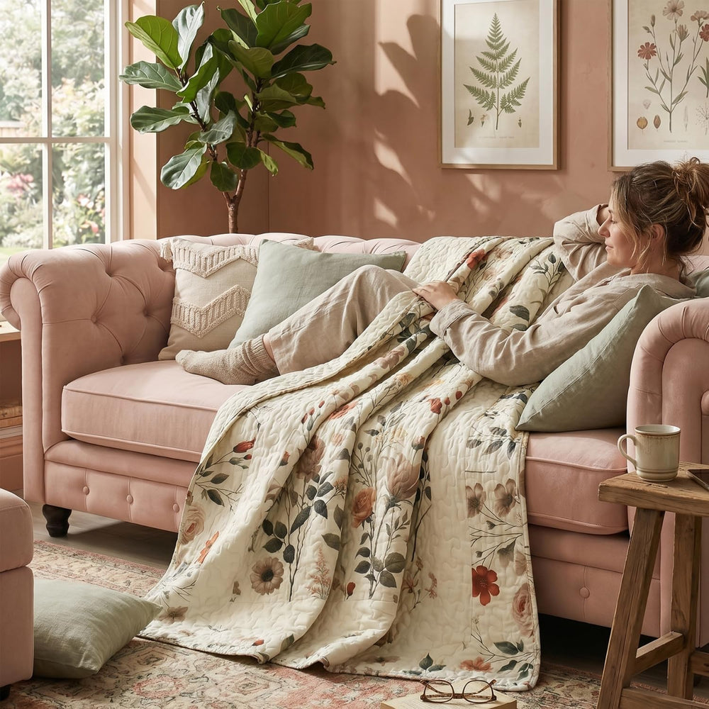 DaDa Bedding Floral Quilted Throw Blanket, Reversible Lap Quilt, 50 x 60 in