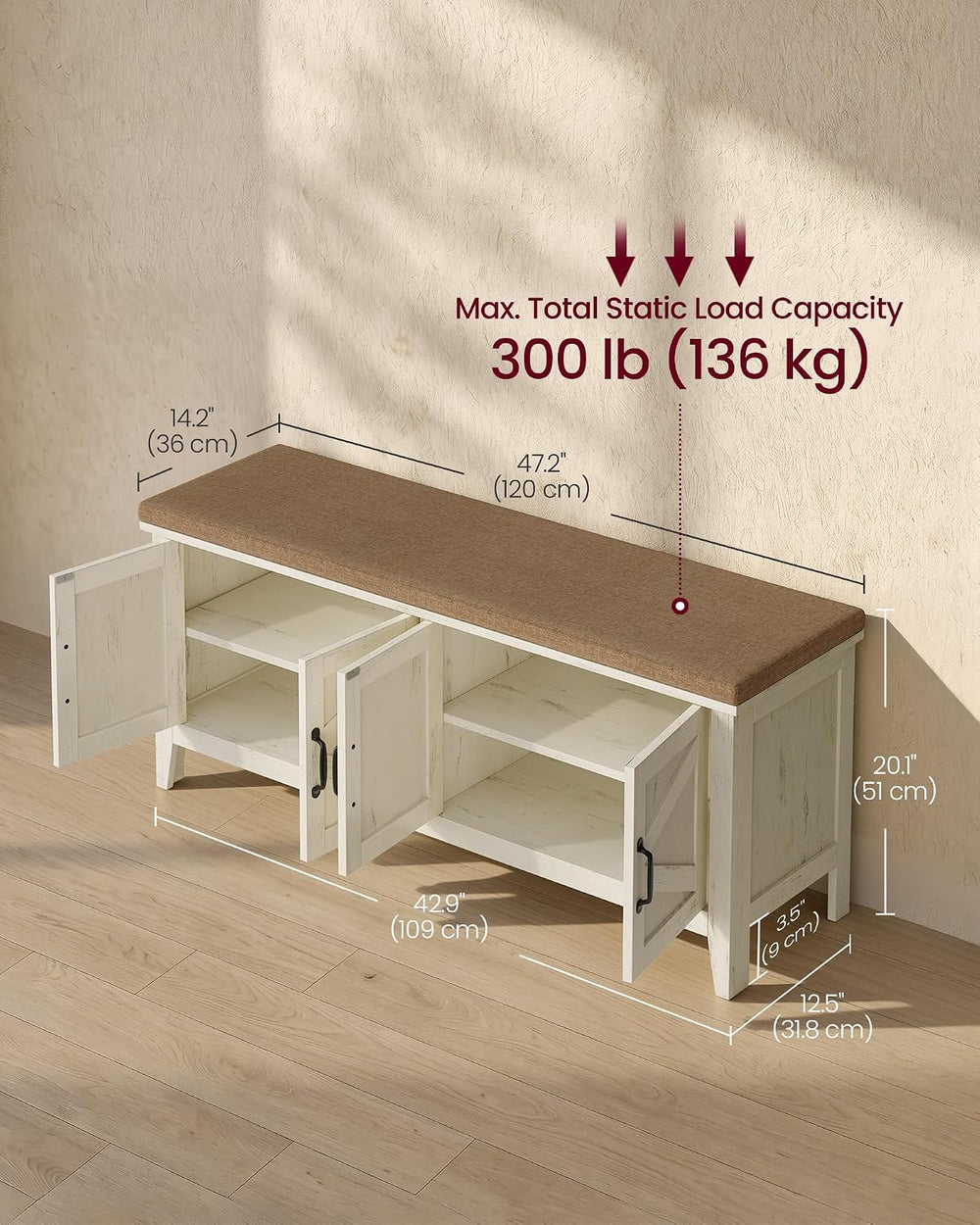 VASAGLE Shoe Bench, Farmhouse Entryway Bench with Cushion, 47.2 inches Wide