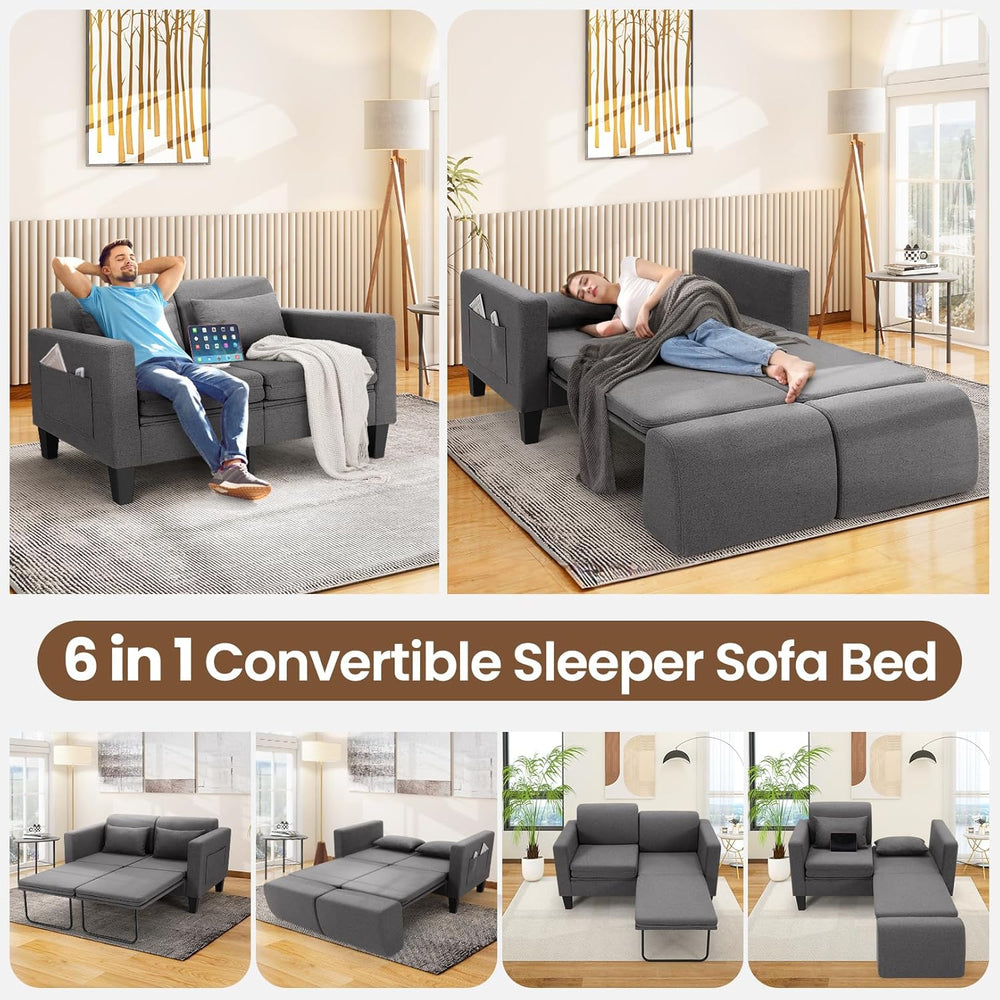 6-in-1 Convertible Sofa Bed, 58" Loveseat Sleeper Sofas, Gray
