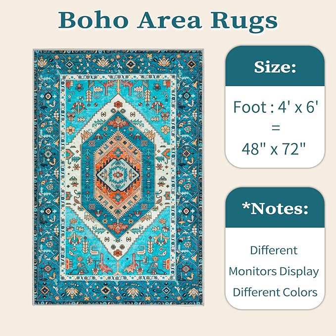SERISSA 4x6 Boho Bedroom Rug, Washable Non Slip Vintage Blue Area Rugs - Image 6