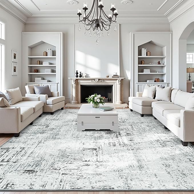 Rugflix 9x12 Washable Area Rugs, Neutral Boho Carpet Living Room Rug Non Slip by RugflixAreaRugs
