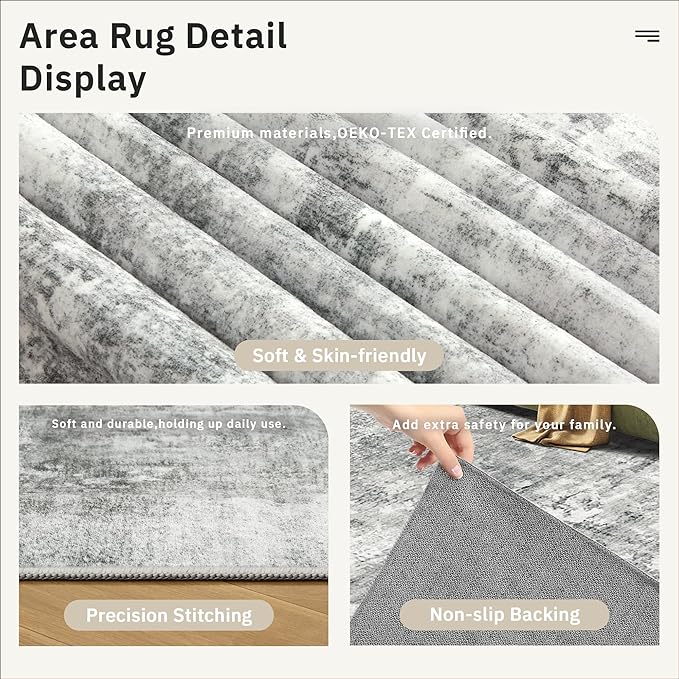 Abstract Rug 5x7 Machine Washable Area Indoor Grey White Low Pile Non-Slip - Image 6