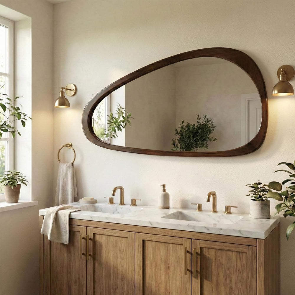 Solid Wood 48"x24" Dark Walnut Large Organic Irregular Wall Mirror