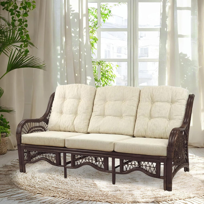 Malibu Lounge Three-Seater Sofa Natural Rattan Wicker Handmade Design (Cream Cushions, Dark Brown)