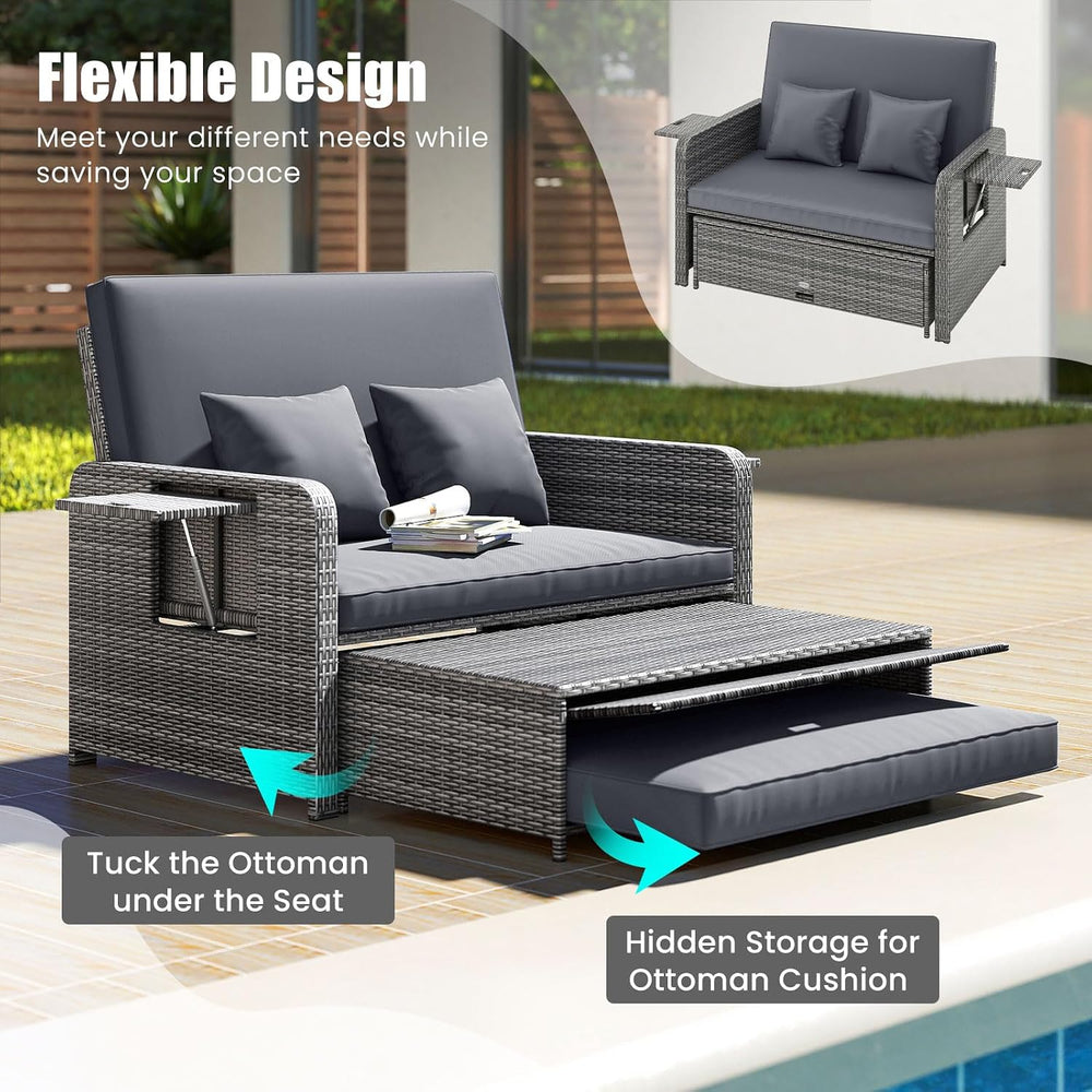 Moccha Outdoor Daybed, Wicker Loveseat Sofa Set with 4-Postion Adjustable Bac...