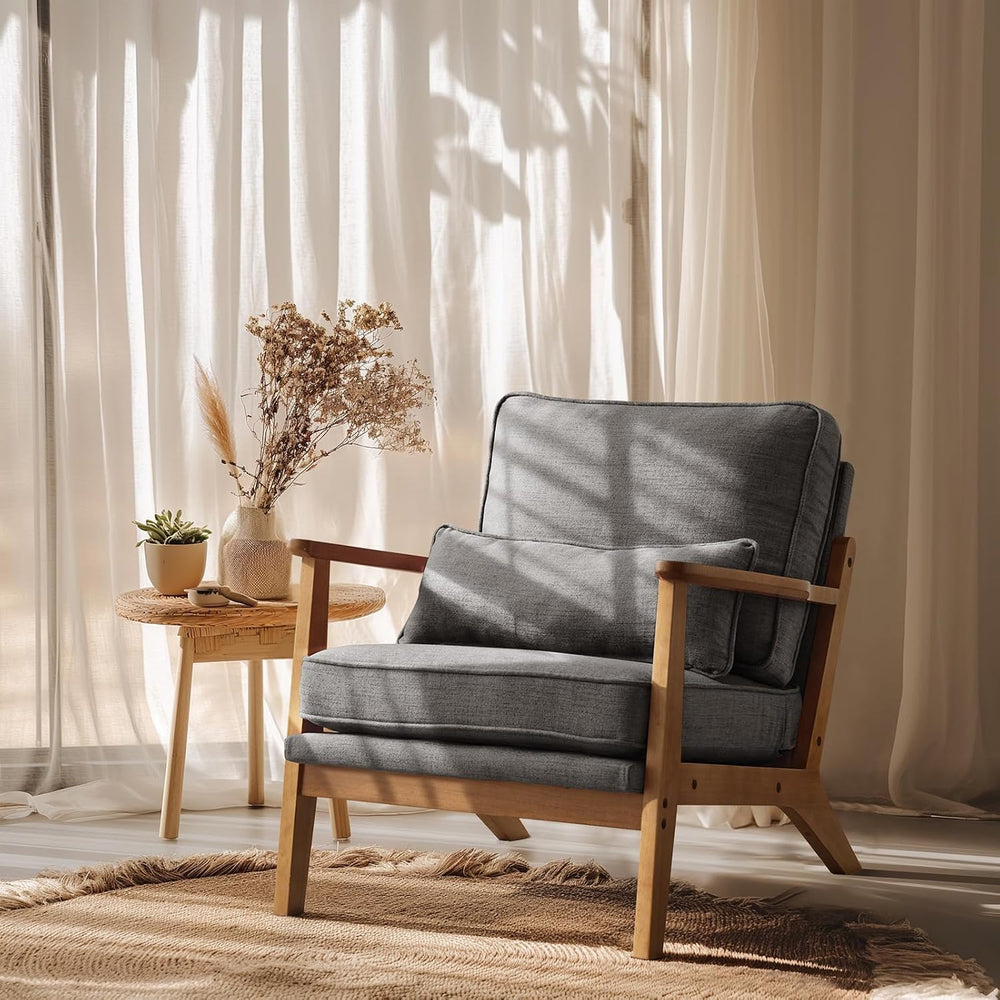VINGLI Solid Wood Wide Armrests Accent Chair,Upholstered Mid Century Modern C...