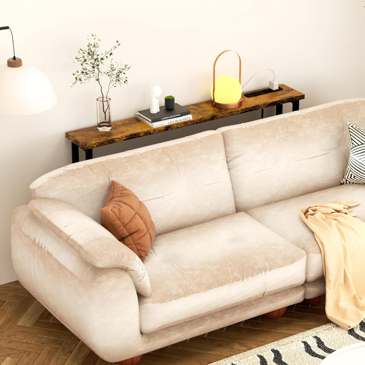 39" sofa table narrow long with power outlets shown in use